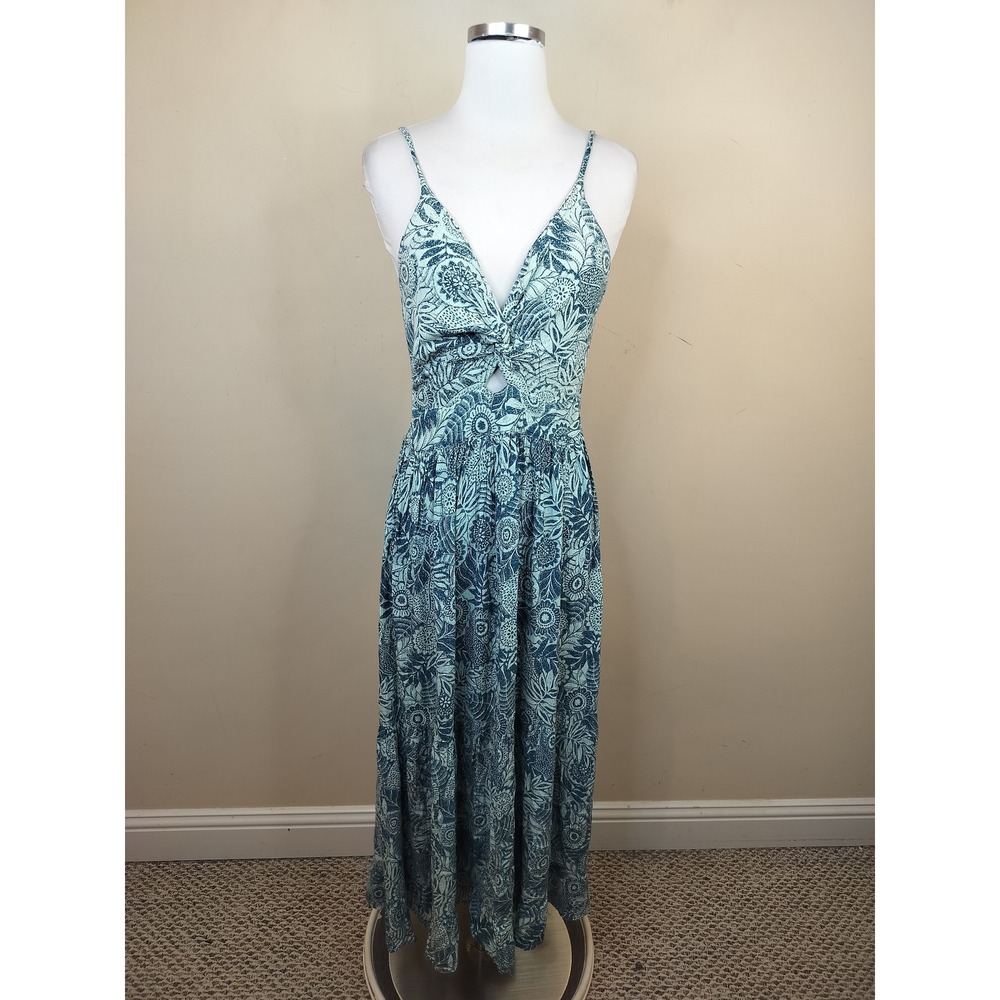 Angie Maxi Dress Womens Large Floral Twist Front Boho Tropical Blue